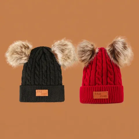 Gebreide Beanie Muts Voor Kinderen Met Dubbele Pompons Van Imitatiebont Warme Wintermuts Voor Peuters En Kleuters