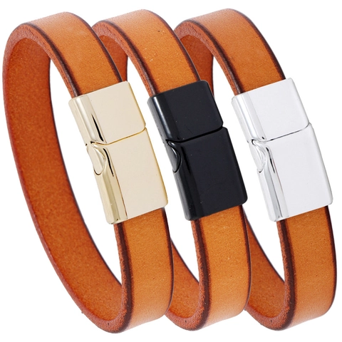 Genuine Cowhide Leather Bracelet Alloy Magnetic Clasp Simple Vintage Wristband Unisex Fashion Jewelry Accessory