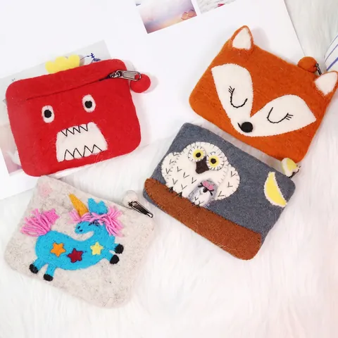 Handmade Wool Felt Coin Purse Cute Cartoon Animal Pattern Zipper Small Wallet Pouch Bag Storage For Change Keys Jewelry