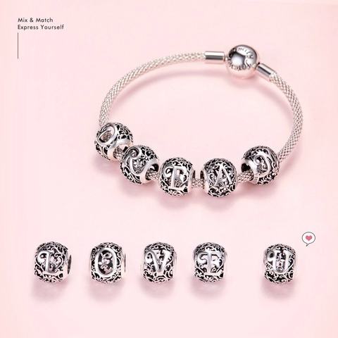 925 Sterling Silver Alphabet Letter Beads Hollow Floral Pattern Charms For DIY Jewelry Making Bracelets Necklaces