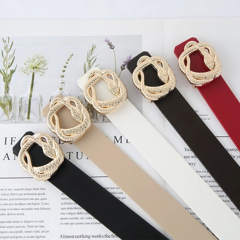 Women PU Leather Belt With Alloy Gold Snake Buckle European Fashion Vintage Waist Accessory For Jeans Dresses