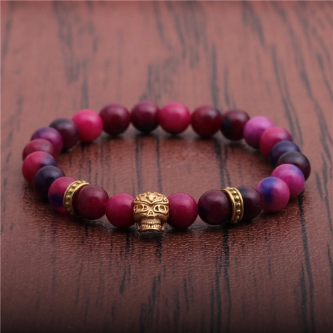 Pulsera De Cuentas Calavera Piedra Ágata Natural Elástica Punk Gótico Joyería De Moda Para Hombre Mujer