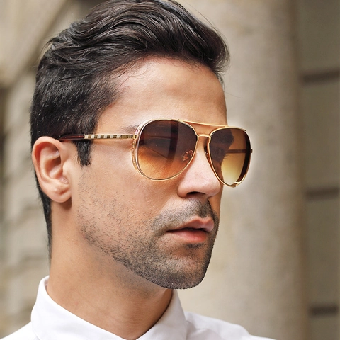 Lunettes De Soleil Aviateur Homme Monture Métal Style Vintage Protection UV400 Double Pont Branches À Carreaux Conduite Plein Air