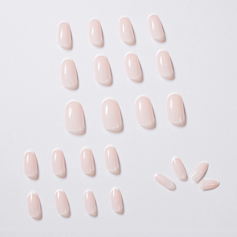 Faux Ongles À Presser Français Base Rose Nude Pointe Blanche Brillant Ovale Imperméable Amovible Plastique Pour Femmes