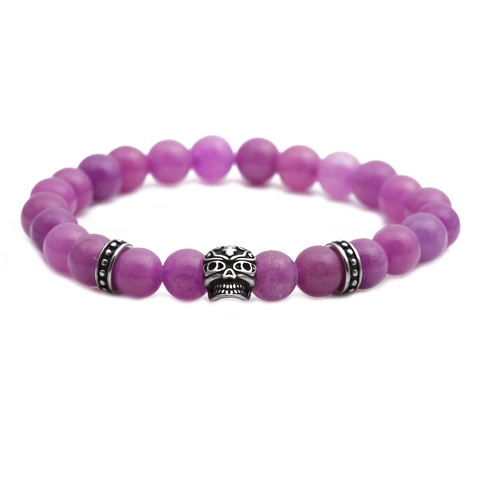 Pulsera De Cuentas De Piedra Natural Con Dije De Calavera De Acero Inoxidable Estilo Punk Gótico Joyería Elástica