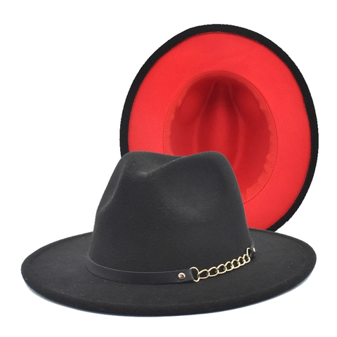 Elegante Wollen Vilt Fedora Hoed Met Kleurblok Breedgerande Jazzhoed Met Gouden Ketting En Leren Band Voor Dames En Heren