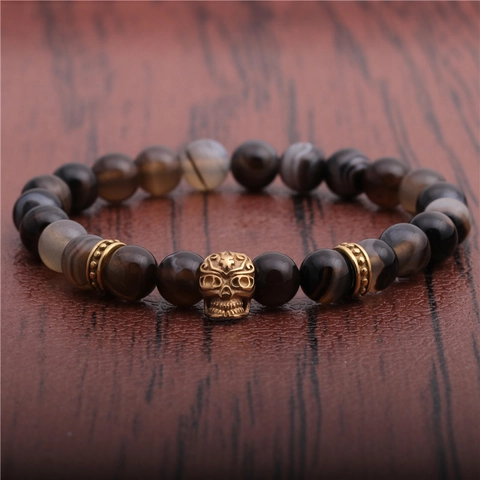 Pulsera Cuentas Hombre Piedra Natural Ágata Rayada Aleación Calavera Retro Goth Rock Punk Joyería Moda Elástica