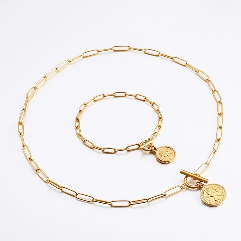 Collana E Bracciale In Acciaio Inossidabile Catena Paperclip Con Ciondolo Moneta Regina Elisabetta II Chiusura OT Gioielli Vintage