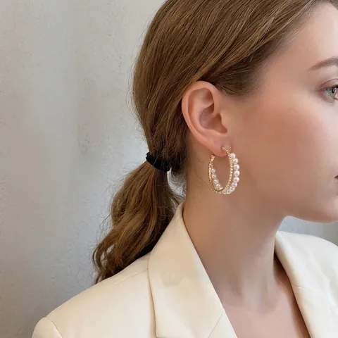 C-Shape Double Circle Hoop Earrings With Artificial Pearl And Rhinestone Alloy Silver Earring Post For Women Korean Style Elegant