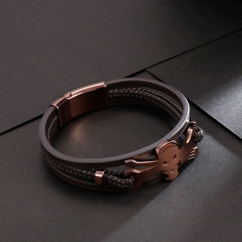 Bracciale Uomo Multistrato In Vera Pelle Con Ciondolo Teschio Chiave In Acciaio Inossidabile Intrecciato Punk Retro Bangle Chiusura Magnetica