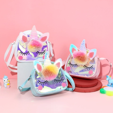 Kids Unicorn Crossbody Bag Holographic TPU Glitter Shoulder Bag For Girls Cartoon Cute Travel Storage Bag Adjustable Strap