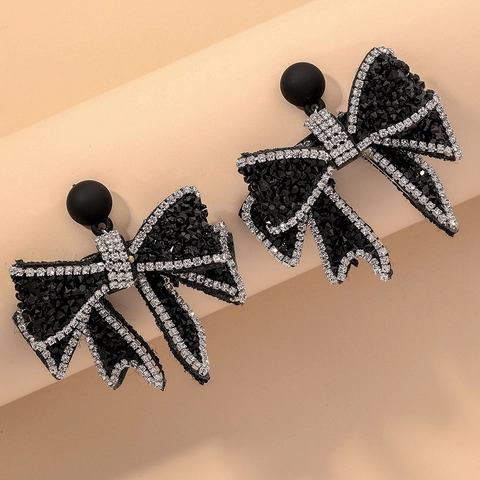 Black Velvet Bow Earrings With Rhinestones And 925 Sterling Silver Earring Post Vintage High End For Women