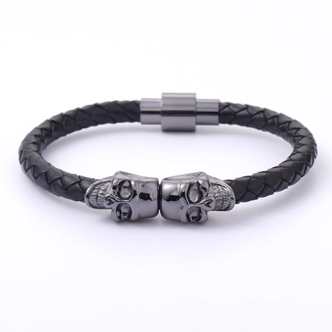 Pulsera De Cuero Trenzado Punk Con Colgantes Calavera De Aleación Cierre Magnético Joyería Esqueleto Goth Para Hombre