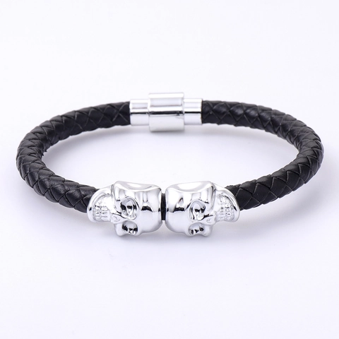 Pulsera De Cuero Trenzado Punk Con Colgantes Calavera De Aleación Cierre Magnético Joyería Esqueleto Goth Para Hombre