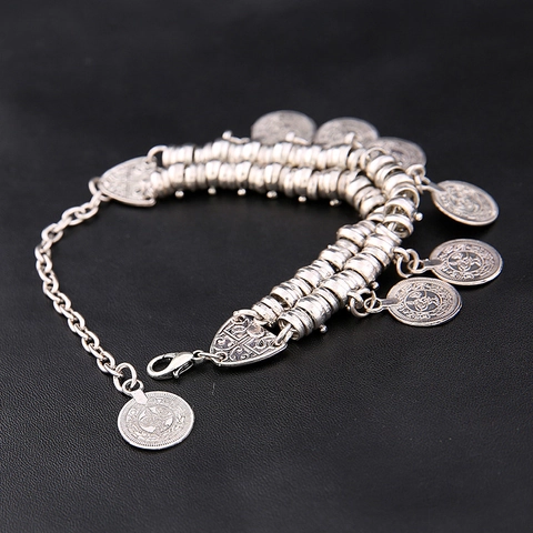 Vintage Coin Pendant Anklet Bracelet Alloy Metal Carved Bohemian Ethnic Retro Jewelry For Women Travel Wedding Accessory