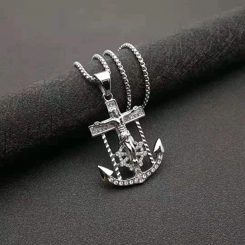 Collar Con Colgante De Cruz De Ancla Jesús De Acero Inoxidable Chapado En Oro Iced Out Diamantes De Imitación Hip Hop Joyería Religiosa Para Hombres