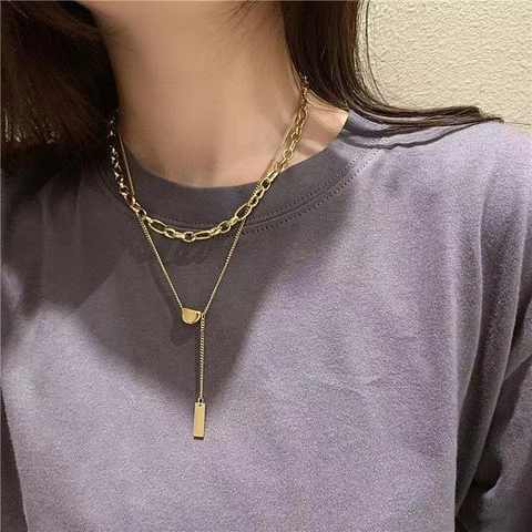 Collana Doppio Strato Acciaio Al Titanio Impilabile Minimalista Geometrico Fagiolo E Pendente Rettangolo Per Donne