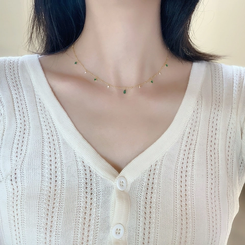 Copper Green Zircon Necklace With Water Drop Square Pendant French Vintage Style For Women