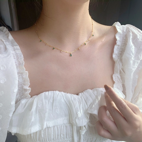 Copper Green Zircon Necklace With Water Drop Square Pendant French Vintage Style For Women