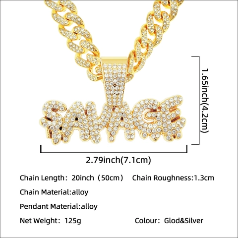 Hip Hop Men Iced Out Savage Letter Pendant Necklace Alloy Rhinestone Cuban Chain Streetwear Punk Jewelry