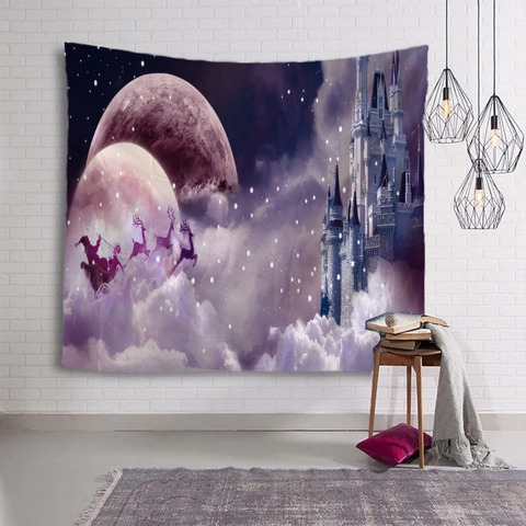 Arazzo Di Natale Da Parete Poliestere Decorazione Babbo Natale Renna Cielo Stellato Bosco Invernale