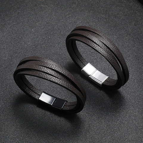 Multi-layer Braided PU Leather Bracelet Men Vintage Casual Punk Style Wristband With Alloy Magnetic Clasp