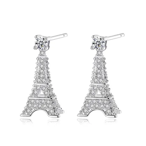 Luxury Copper Eiffel Tower Stud Earrings For Women Shiny Rhinestone Inlaid Gold Silver Rose Gold Paris Tower Jewelry Gift