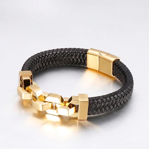 Men Woven Leather Bracelet Stainless Steel Chain Link Punk Style Braided Bangle With Magnetic Buckle Trendy Jewelry