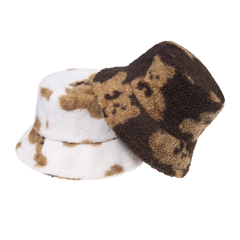 Gorro De Pescador De Lana De Cordero Lindo Estampado De Oso Invierno Cálido Cortavientos Moda Para Mujer