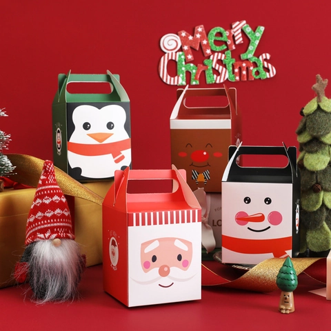 Christmas Gift Boxes Paper Portable Handle Cartoon Santa Snowman Reindeer Penguin For Holiday Candy Packaging