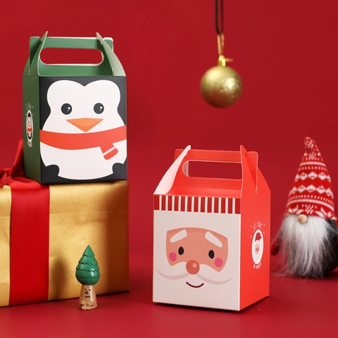 Scatole Regalo Di Natale Carta Portatile Manico Cartone Animato Babbo Natale Pupazzo Di Neve Renna Pinguino Per Caramelle