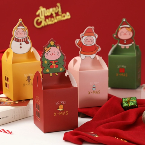 Christmas Gift Box Paper Wrapping Cartoon Cat Santa Snowman Holiday Party Favor Square Folding Handle Candy Box Colorful
