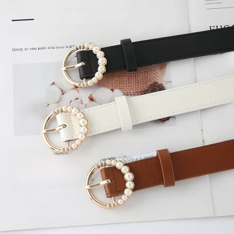 Women Faux Leather Belt Round Artificial Pearl Metal Buckle Vintage Fashion Waist Strap For Jeans Dresses