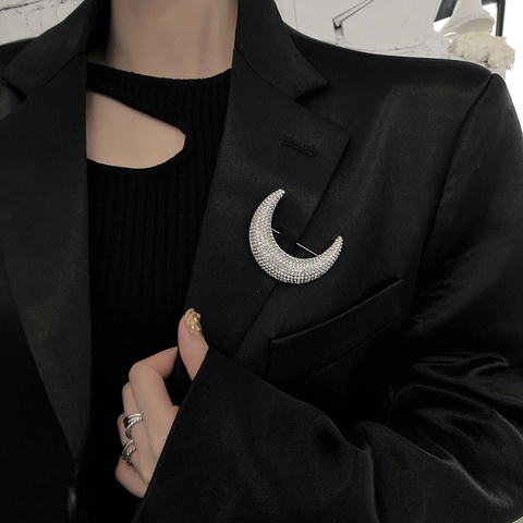 Broche de Media Luna con Diamantes de Imitación Brillantes para Mujer Aleación Incrustada Color Plata Pin Antideslumbrante Accesorios de Traje