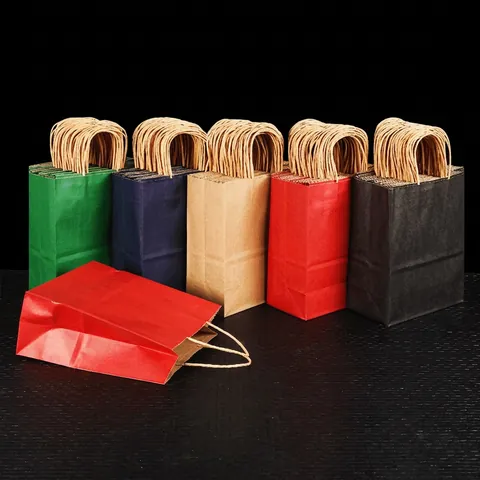 Kraft Paper Gift Bags With Twisted Handles Solid Color Shopping Handbags For Party Packaging Square Bottom Eco Friendly