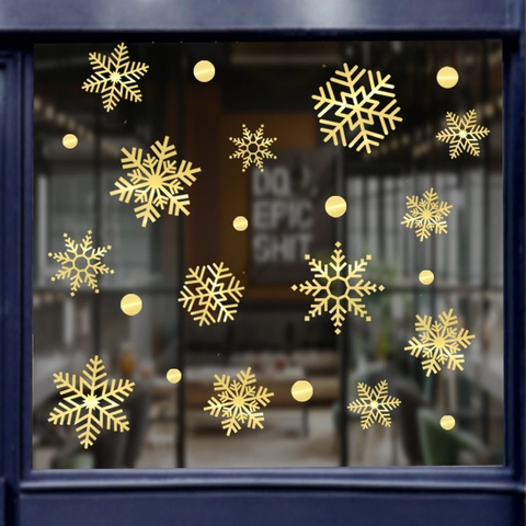 Pegatinas Ventana Copo De Nieve Navidad PVC Dorado Cepillado Hexagonal Calcomanías Tienda Vidrio Decoración Hogar Festiva