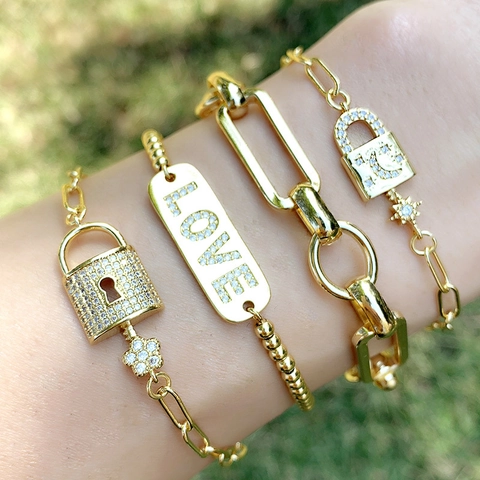 Pulsera De Cobre Chapado En Oro Colgante Candado Llave Circón Luna Estrella Letra LOVE Elegante Cadena De Clip Para Mujeres
