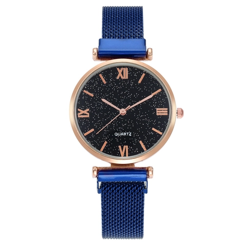 Women Starry Sky Watch Quartz Movement Fashion Mesh Alloy Strap Magnetic Buckle Roman Numerals Elegant Ladies Timepiece