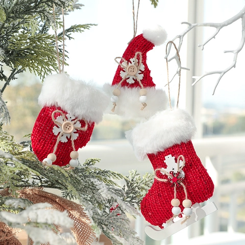 Adornos De Navidad De Punto De Piel Sintética Colgantes De Madera Papá Noel Mitones Gorro Calcetín Decoración Árbol