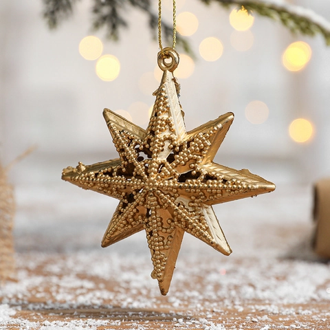 Christmas Tree Ornaments Gold Hollow Star Pendants Electroplated PVC Plastic 3D Eight Pointed Stars Holiday Decor
