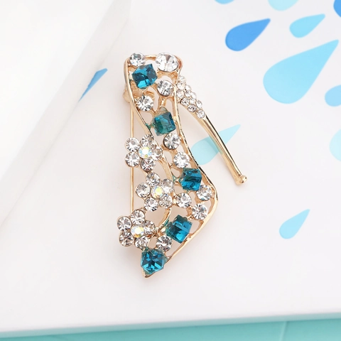 Elegante Spilla Scarpa Con Tacco Alto Lega Strass Blu Smalto Floreale Moda Gioielli Pin Per Donne