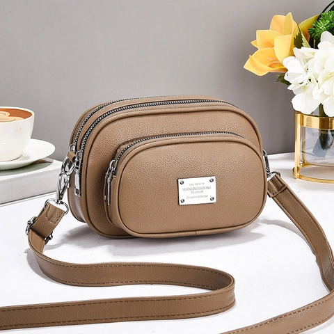 Women Crossbody Bag Multi-Layer PU Leather Oxford Cloth Three Zipper Compartments Solid Color Simple Shoulder Bag
