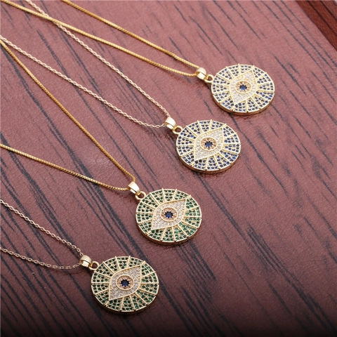 Evil Eye Anhänger Halskette Kupfer Bunte Zirkon Micro Pave Rund Glück Schmuck Geschenk Für Frauen