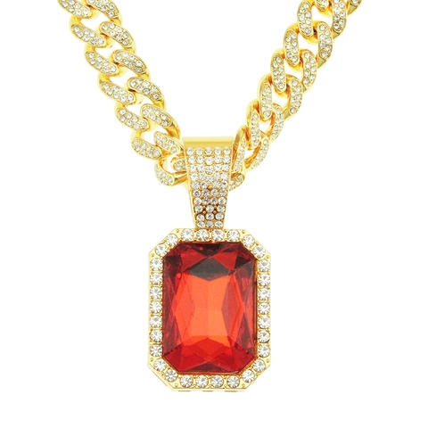 Hip Hop Herren Iced Out Panzerkette Halskette Legierung Strass Großer Rechteckiger Roter Edelstein Anhänger Funkelnder Schmuck