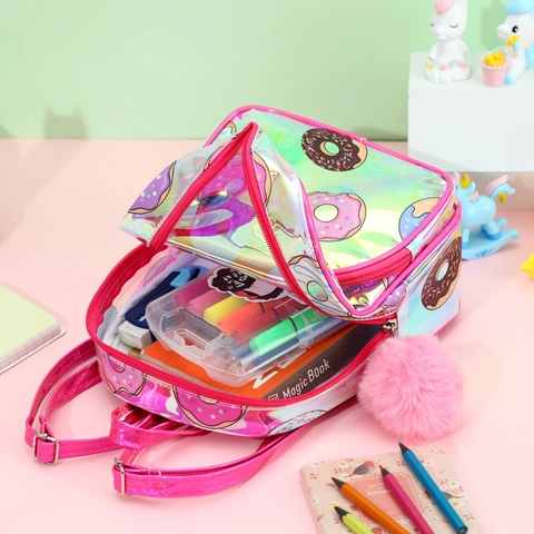 Mochila Infantil De TPU Holográfico Patrón De Donas Lindo Laser Mini Bolsa Escolar Con Bola De Peluche Para Niñas