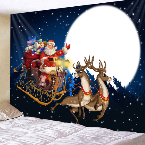 Tapiz De Navidad Para Colgar En La Pared Poliéster Papá Noel Trineo De Renos Escena Nocturna De Nieve De Invierno Para Decoración