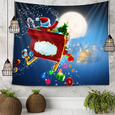 Arazzo Di Natale Poliestere Da Parete Foresta Notturna Innevata Babbo Natale Auto Vintage Decorazione Festiva Camera