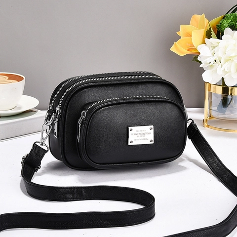Women Crossbody Bag Multi-Layer PU Leather Oxford Cloth Three Zipper Compartments Solid Color Simple Shoulder Bag