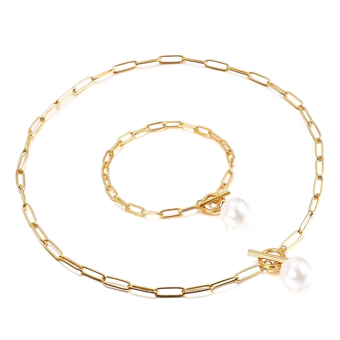 Stainless Steel Artificial Pearl Jewelry Including Paperclip Chain Necklace And Bracelet With OT Toggle Clasp Minimalist Fashion For Women