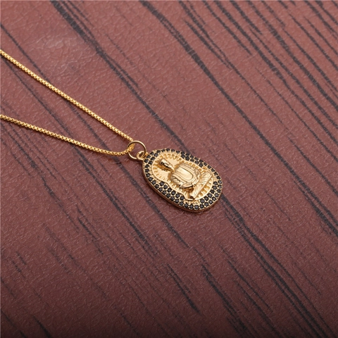 Buddha Anhänger Halskette Kupfer Schwarzer Zirkon Mikro Eingelegt Oval Religiöser Vintage Box Kette Schmuck